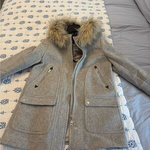 J. Crew Gray Trench Coat with Faux Fur Collar